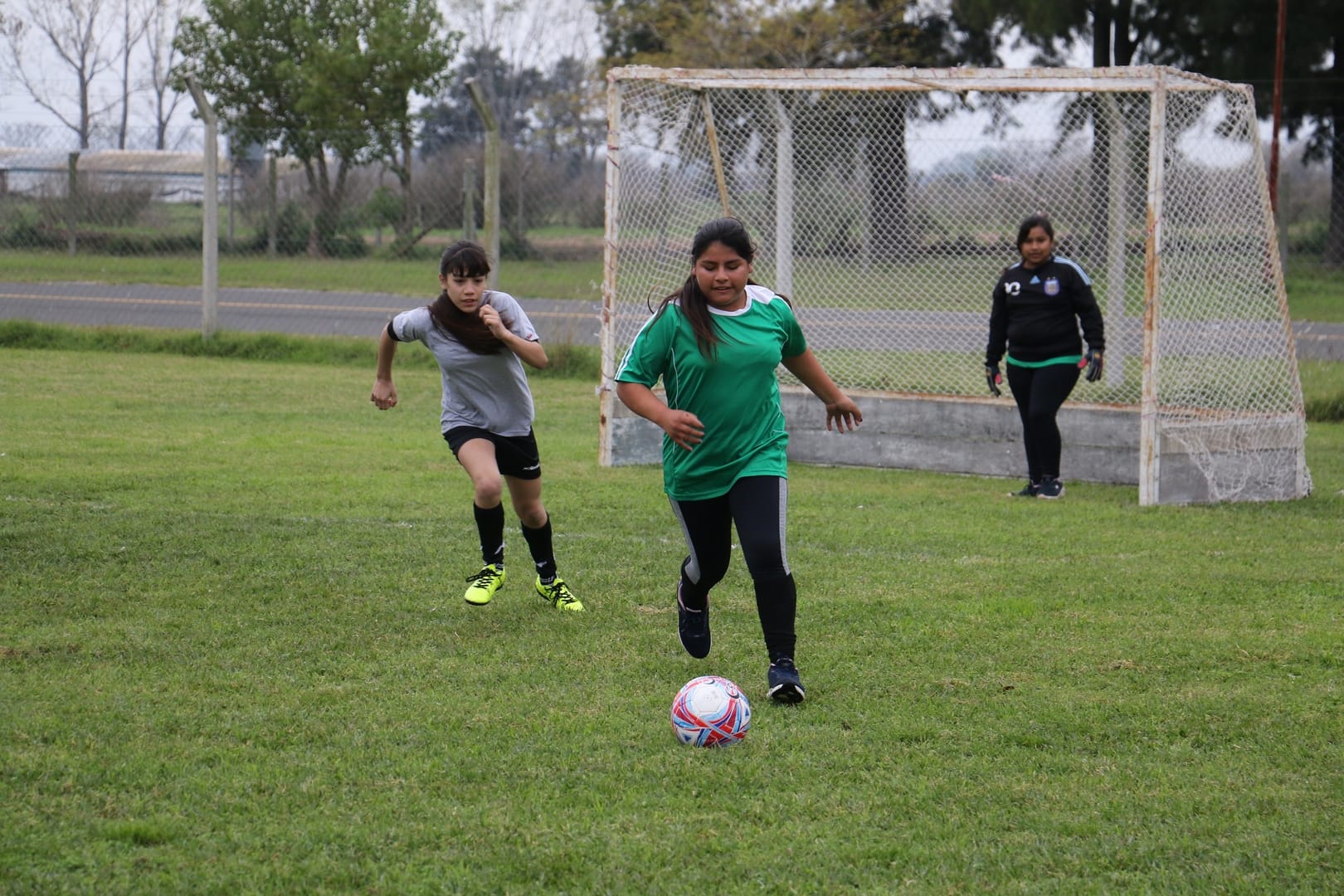 Los chicos y las chicas jugaron al futbol en en parque
